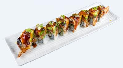 IN: shrimp tempura, cucumber OUT: eel, avocado, spicy tuna, tobiko, scallion & unagi sauce Dancing Dragon