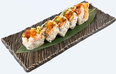 IN: soft shell crab, avocado, cucumber, crab OUT: soypaper, tobiko, unagi sauce Spider Roll