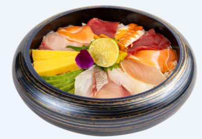 10pcs of chef’s choice sashimi over sushi rice with Japanese pickles. Served with miso soup, salad Chirashi